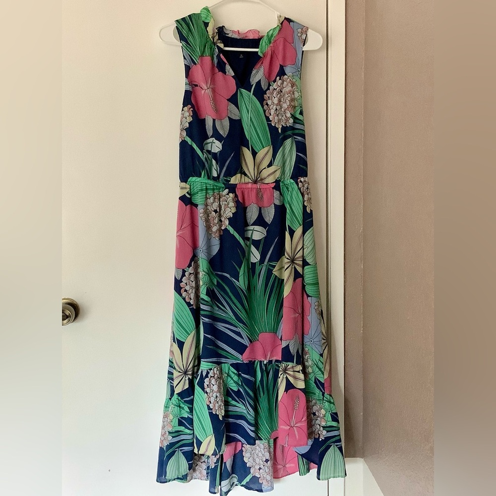 Talbots Asymmetrical Floral Dress - Navy, Pink, Green